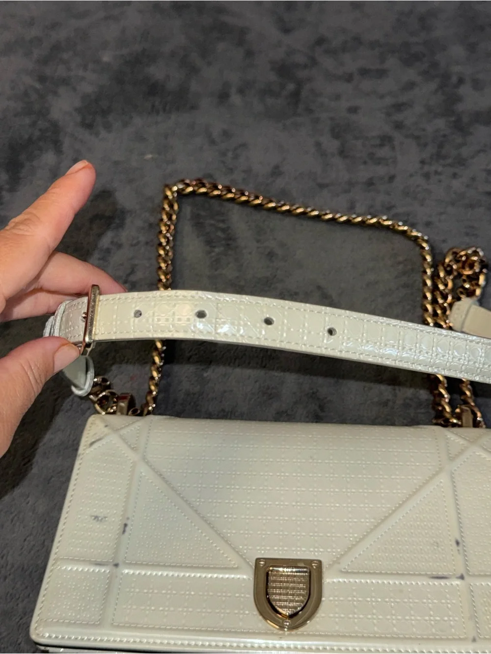 Authentic Christian Dior Diorama Medium Ivory Patent Micro Cannage Bag